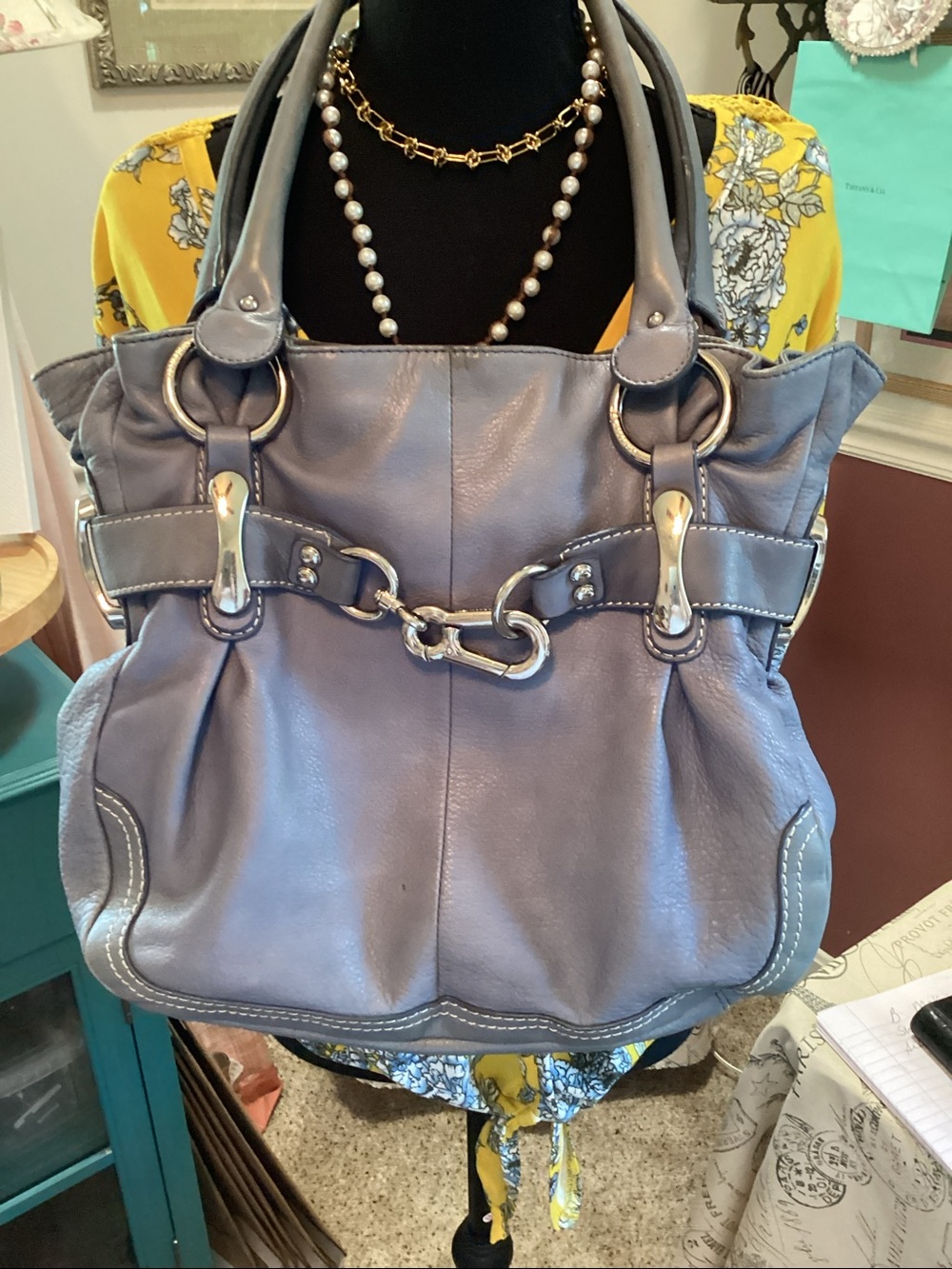 B.Makowsky  Vintage Shoulder Bag in Slate Blue with Silver Hardware